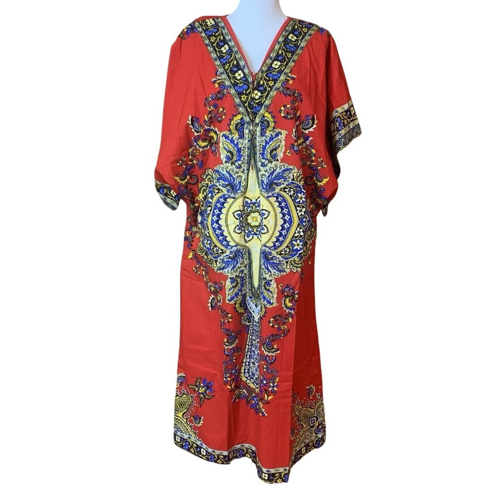 NEW Vintage Kaftan Batik Free Hand Made 1970s Cotton Long 1/4 Zip Red Yellow 52"
